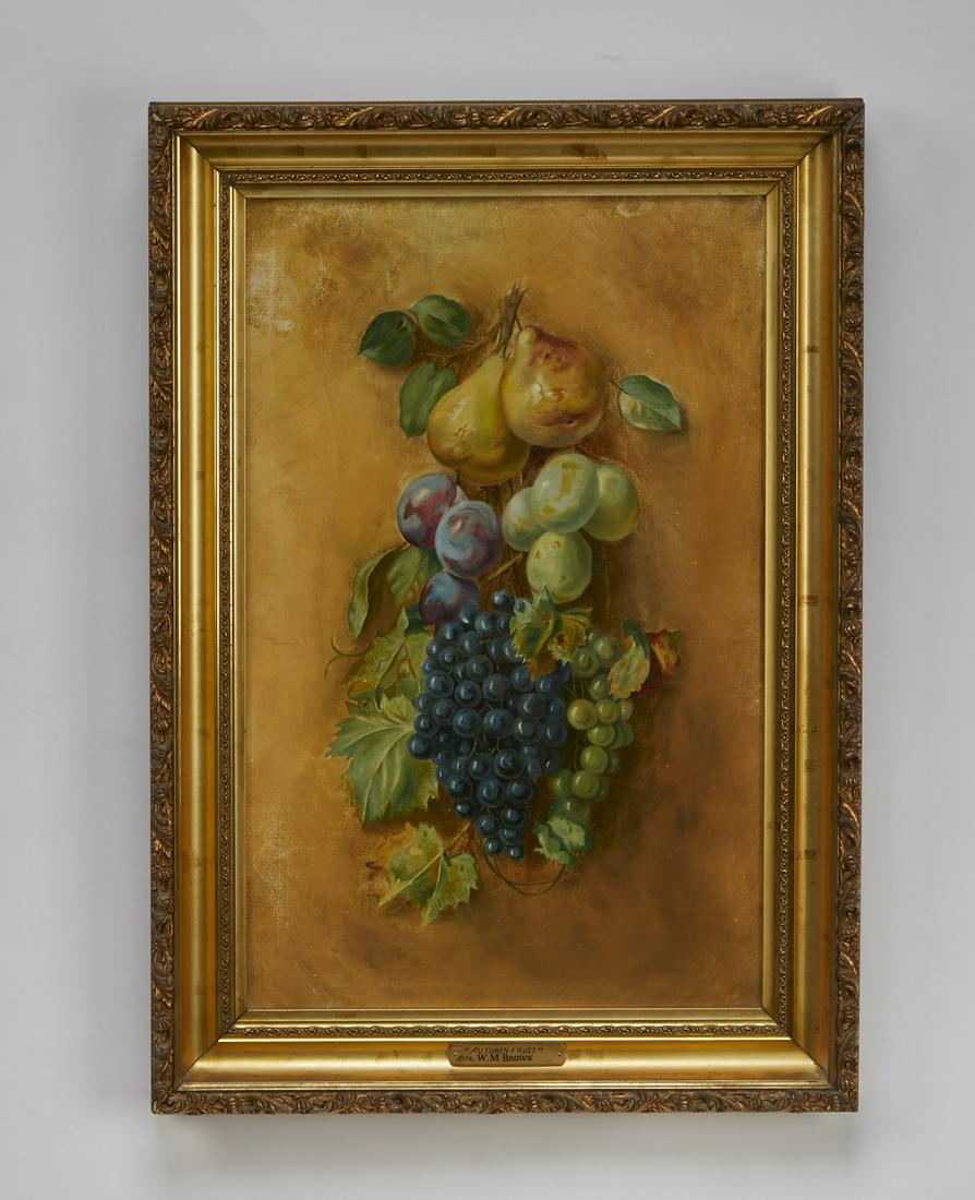 Attr. William Mason Brown O/c still life, 19th c.: Attributed to William Mason Brown (American, 1828-1898) still life, executed in oil on canvas, depicting a lush arrangement of pears, plums, and grapes on a gold ground, having no visible signature, w
