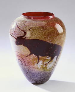 Rick Satava signed art glass 'Petroglyph' vase: Rick Satava art glass 'Petroglyph' vase, having a short neck above a tapering shouldered form, decorated in the round with prehistoric cave painting style images of a bull, an antelope, and a human