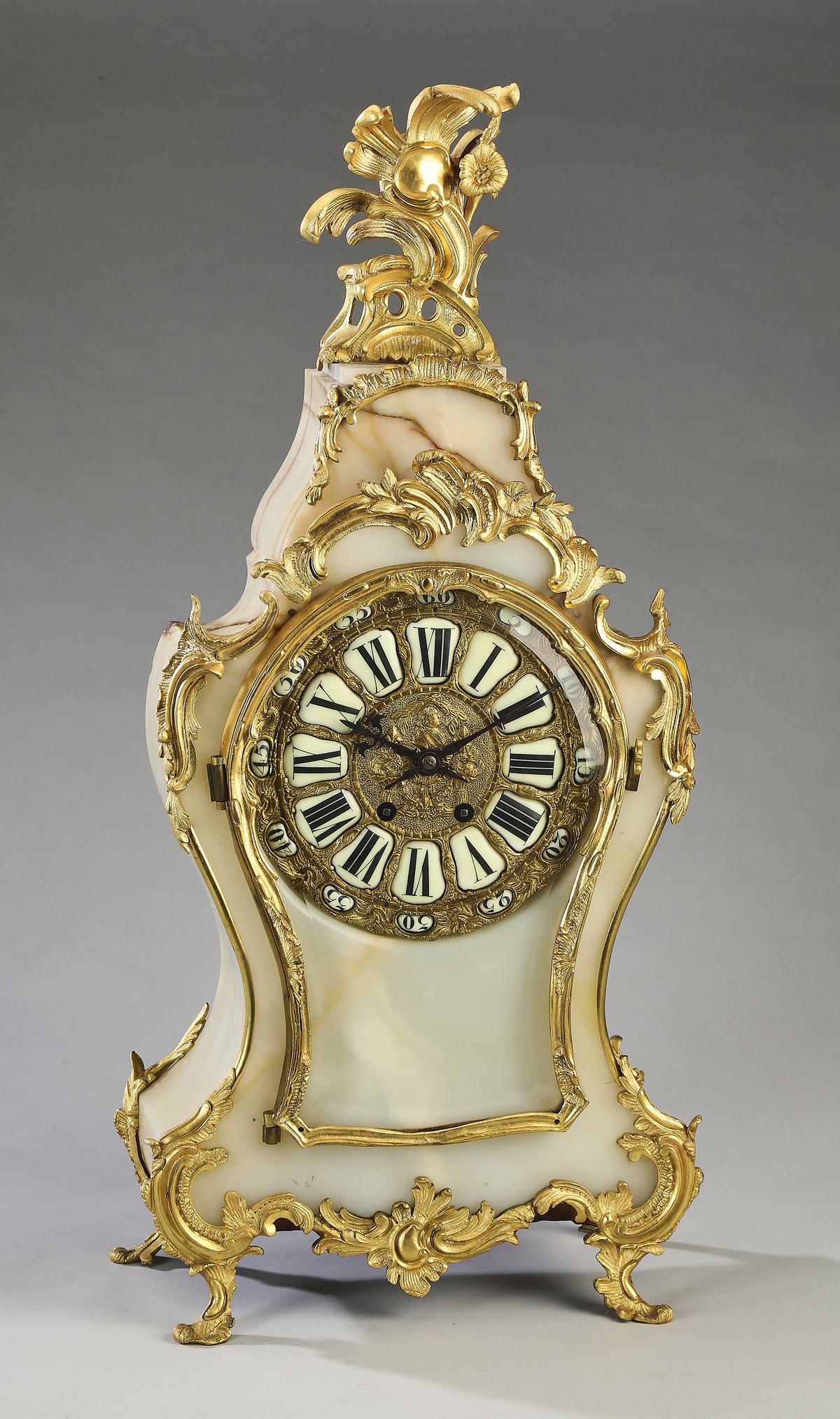 Early 20th c. gilt bronze and onyx mantel clock, 26"h (1 of 6)
