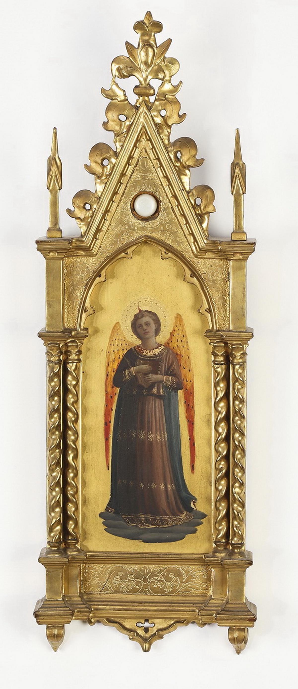 Uffizi Gallery 19th c. paitning after Fra Angelico: Uffizi Gallery 19th century grand tour painting after Guido di Pietro; (Italy, 1395 - 1455) known also as Fra Angelico, executed in tempera on board, depicting an angel from 'The Linaioli Tabernacle,'