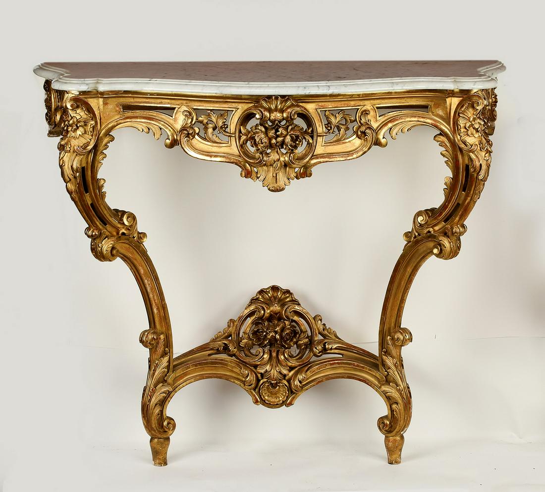 Wall mounted marble top giltwood console, 19th c. (1 of 3)