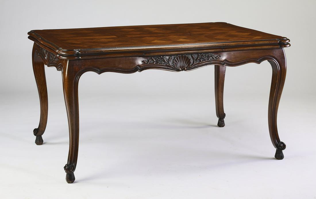 Early 20th c. French parquetry inlaid draw leaf table (1 of 3)