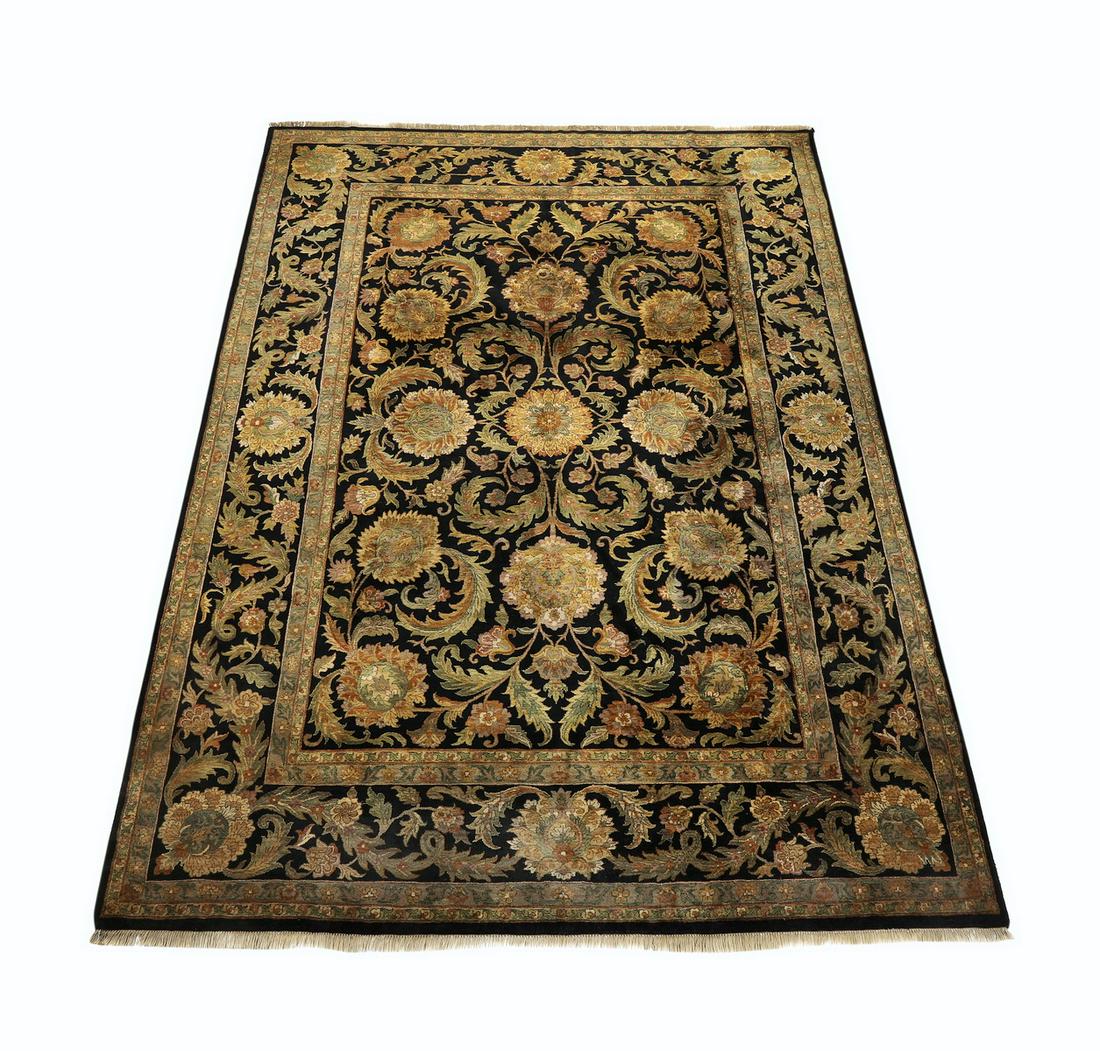 Hand knotted wool Sino-Sultanabad, 15 x 10: Hand knotted wool Sino-Sultanabad, having a all over design of palmette and sickle leaves in taupe, sage, and tan on5 a black ground with an alternating palmette border also on a black ground, 14' 6"l