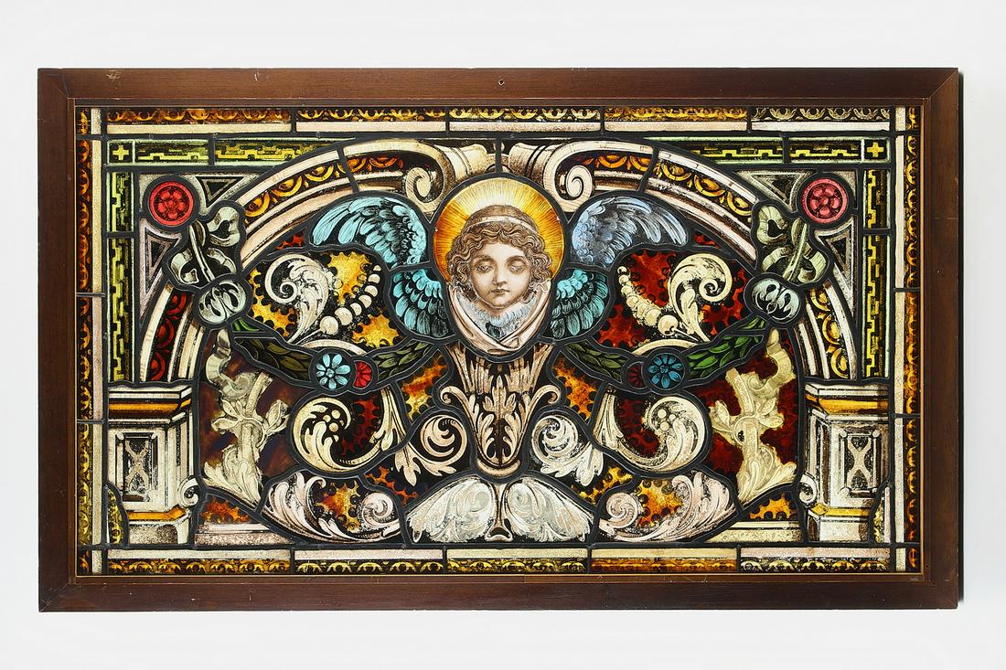 19th c. Continental stained glass window panel, 44"w (1 of 6)