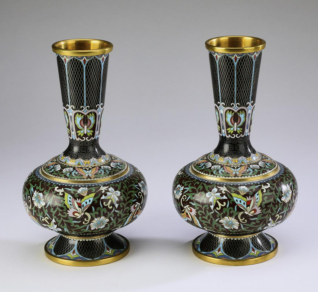 (2) Chinese cloisonne bottle vases w/ butterflies (1 of 6)