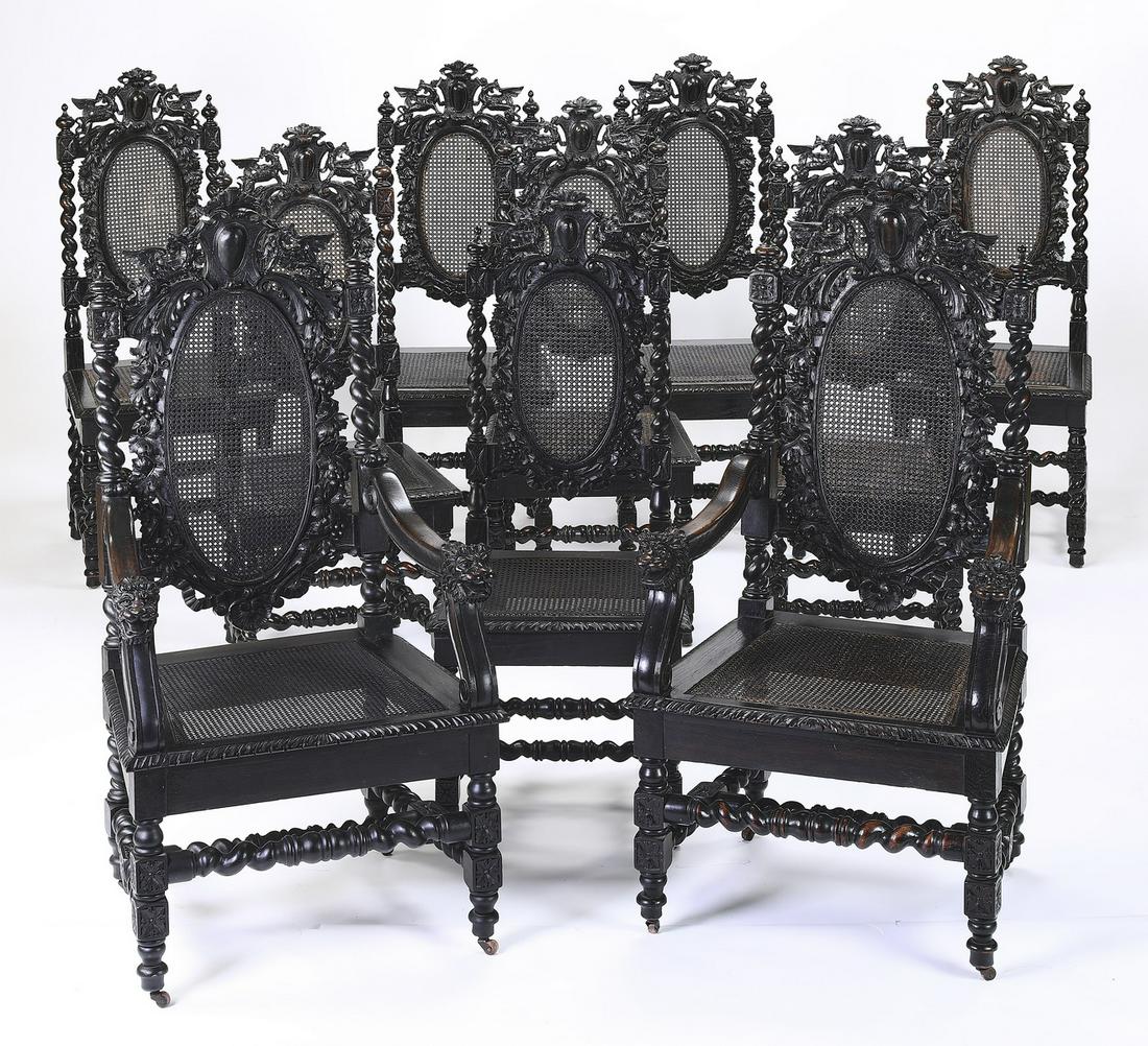 (10) 19th c. Italian ebonized walnut chairs w/ caning (1 of 6)