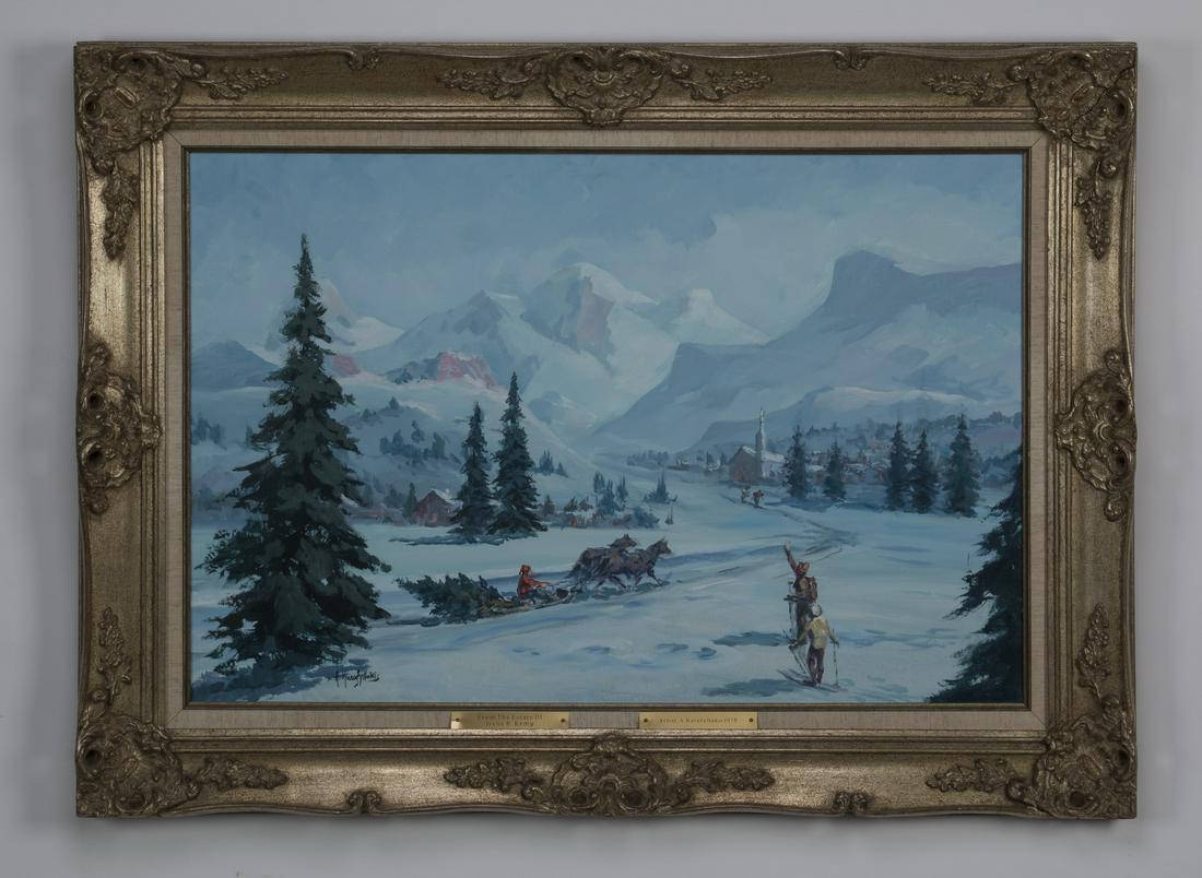 A. Karafyllakis O/c of snowy winter village at dusk (1 of 4)