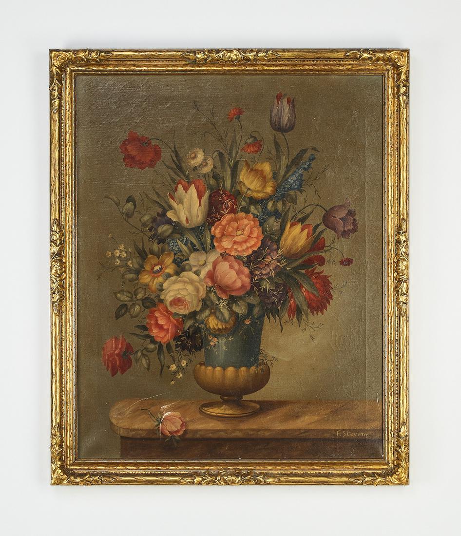 F. Stevens signed O/c floral still life with roses (1 of 5)