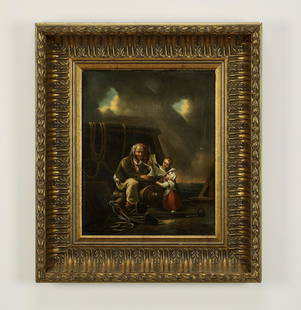 After William Mulready O/c, sailor and children: After William Mulready (British, 1786 - 1863), oil on canvas genre scene, 19th century, depicting a sailor presenting a model ship to his children, having no apparent signature, 15.25"h x 12"w, overal