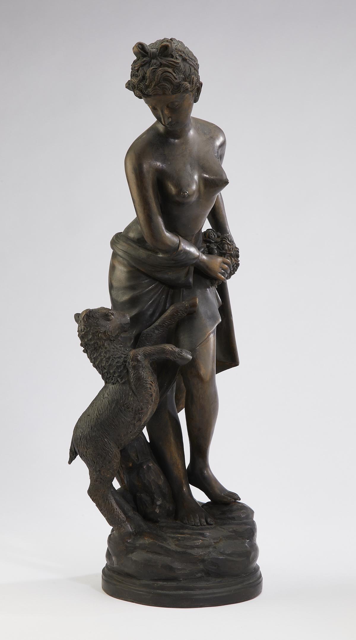 Style of Emile Bruchon, bronze of a maiden with goat: Bronze sculpture in the style of Emile Bruchon (France, 1806 - 1895), depicting a partially draped maiden with a playful goat, 19.5"h x 7"w x 6"d.