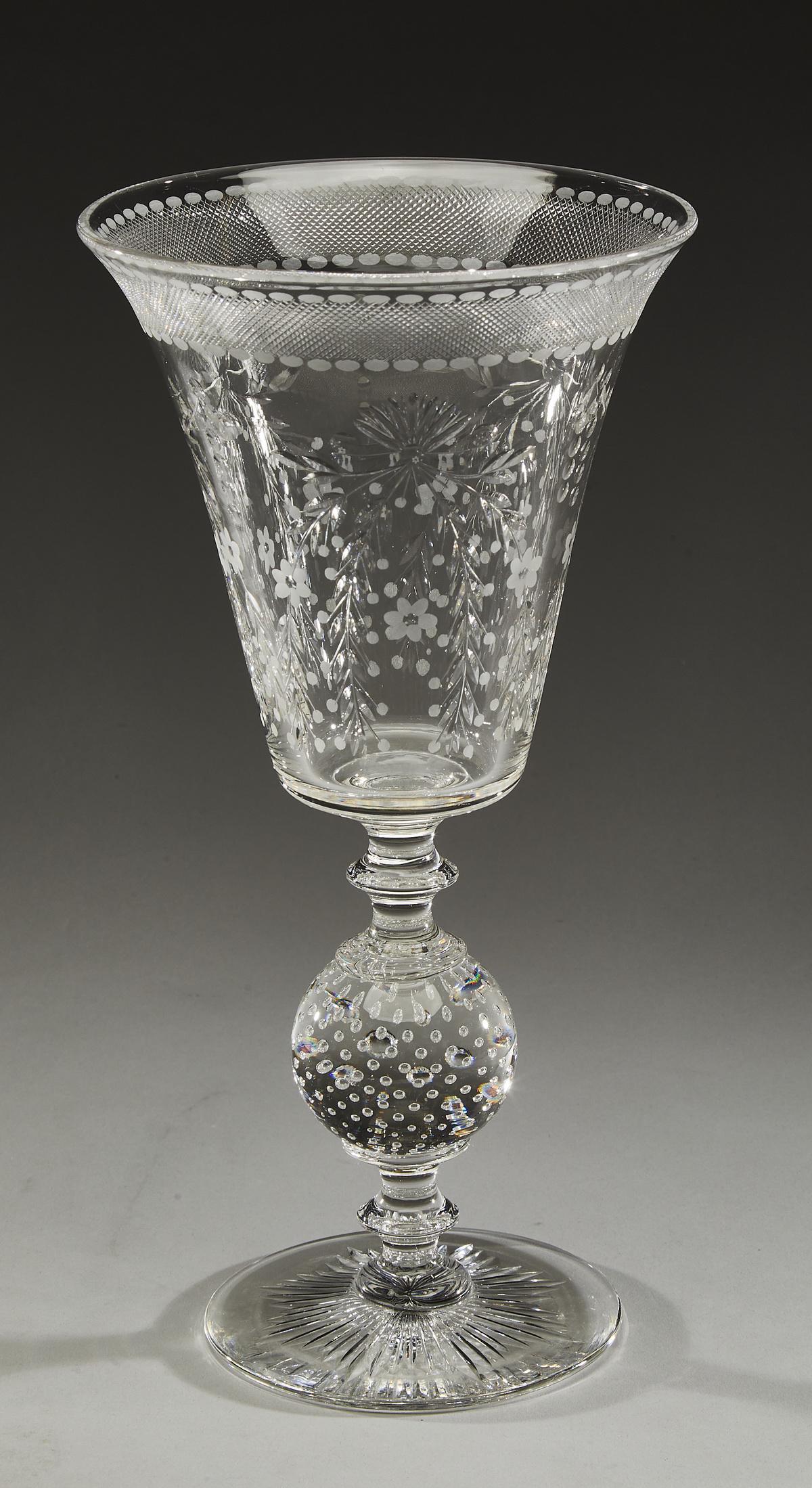 Cut and etched crystal vase, of goblet form, 12"h (1 of 3)