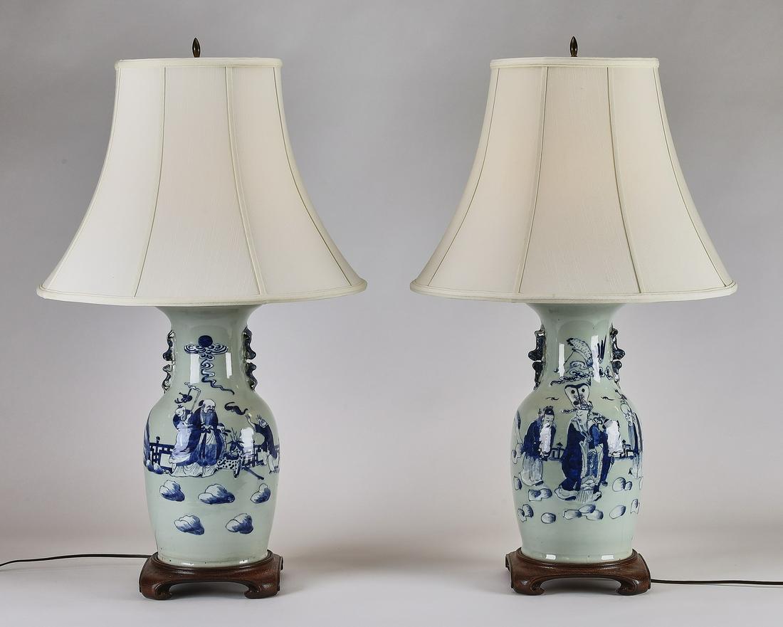 (2) Chinese blue and white porcelain vase lamps (1 of 6)