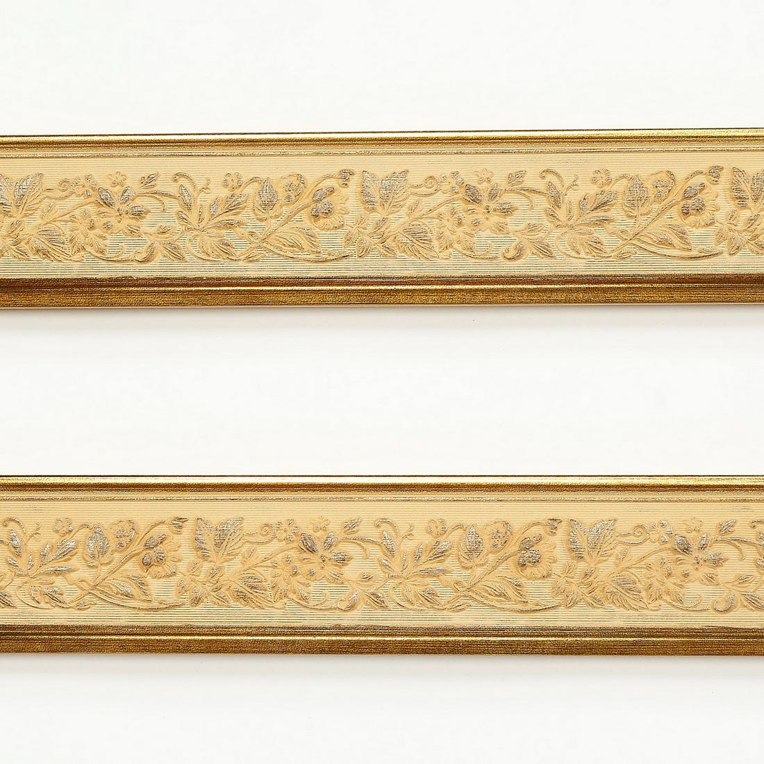 (2) Italian gilt floral garland moldings, each 115"l: Pair of Italian gilt decorative moldings, crafted of composite wood, each of delicate floral garland design, measuring 3"h x 114.5"l x 1"d.