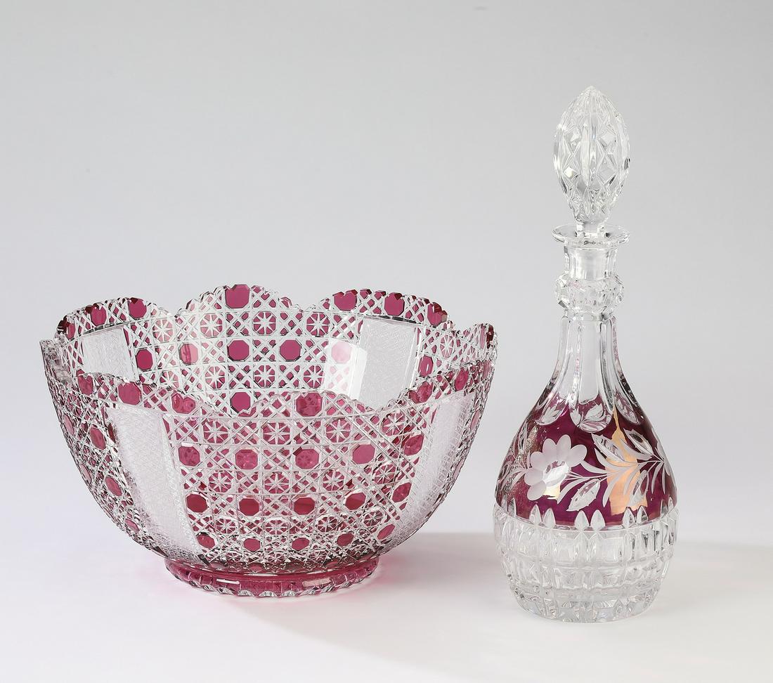 Bohemian ruby cut to clear crystal bowl and decanter (1 of 4)