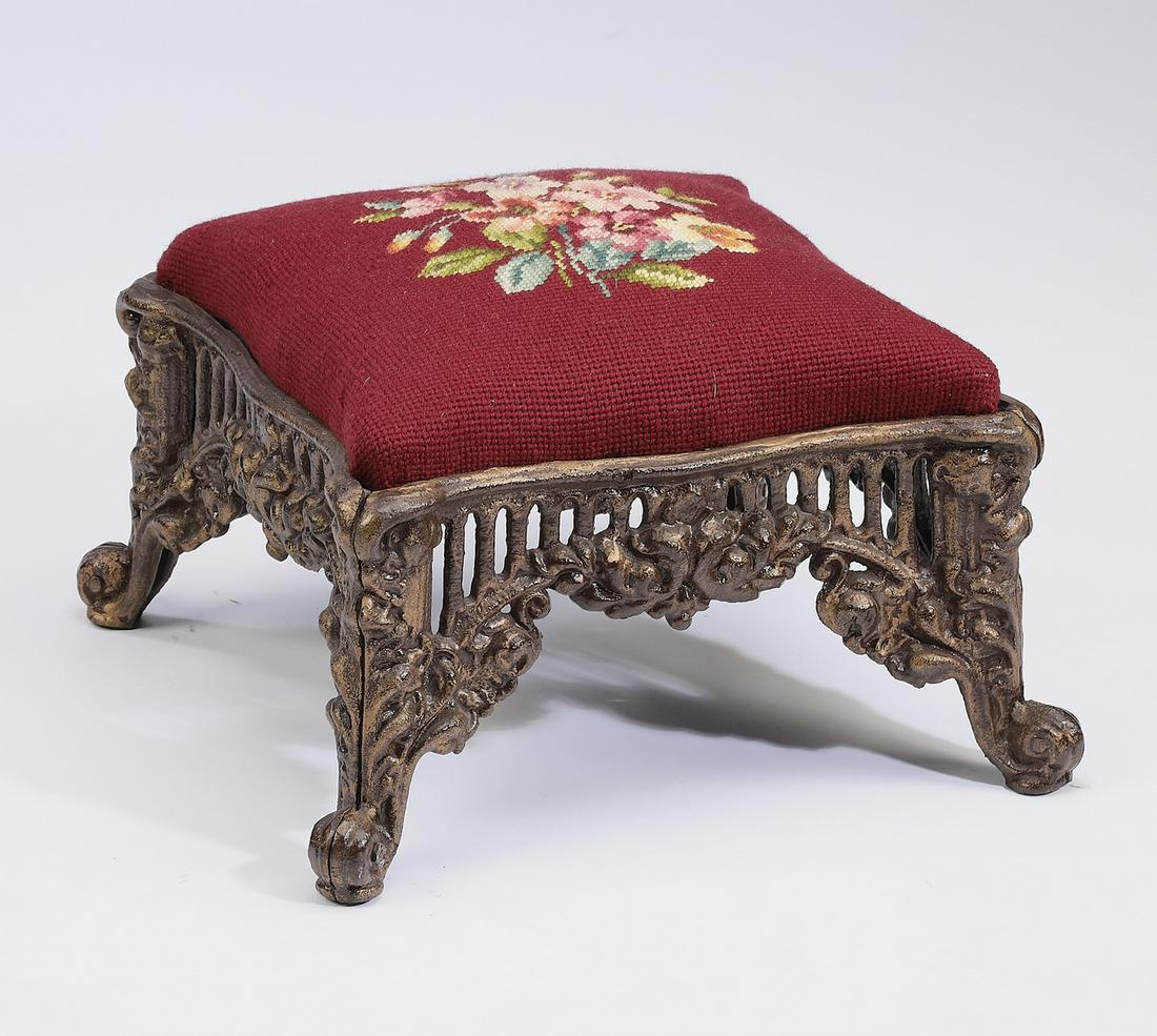 Early 20th c. cast iron and needlepoint footstool (1 of 2)