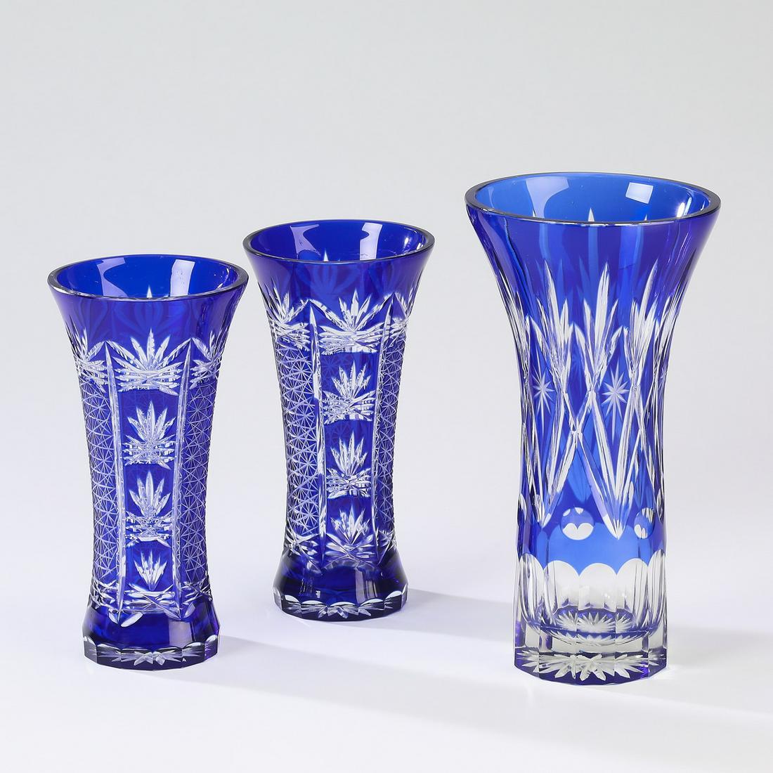 (3) Bohemian cobalt crystal trumpet vases (1 of 3)