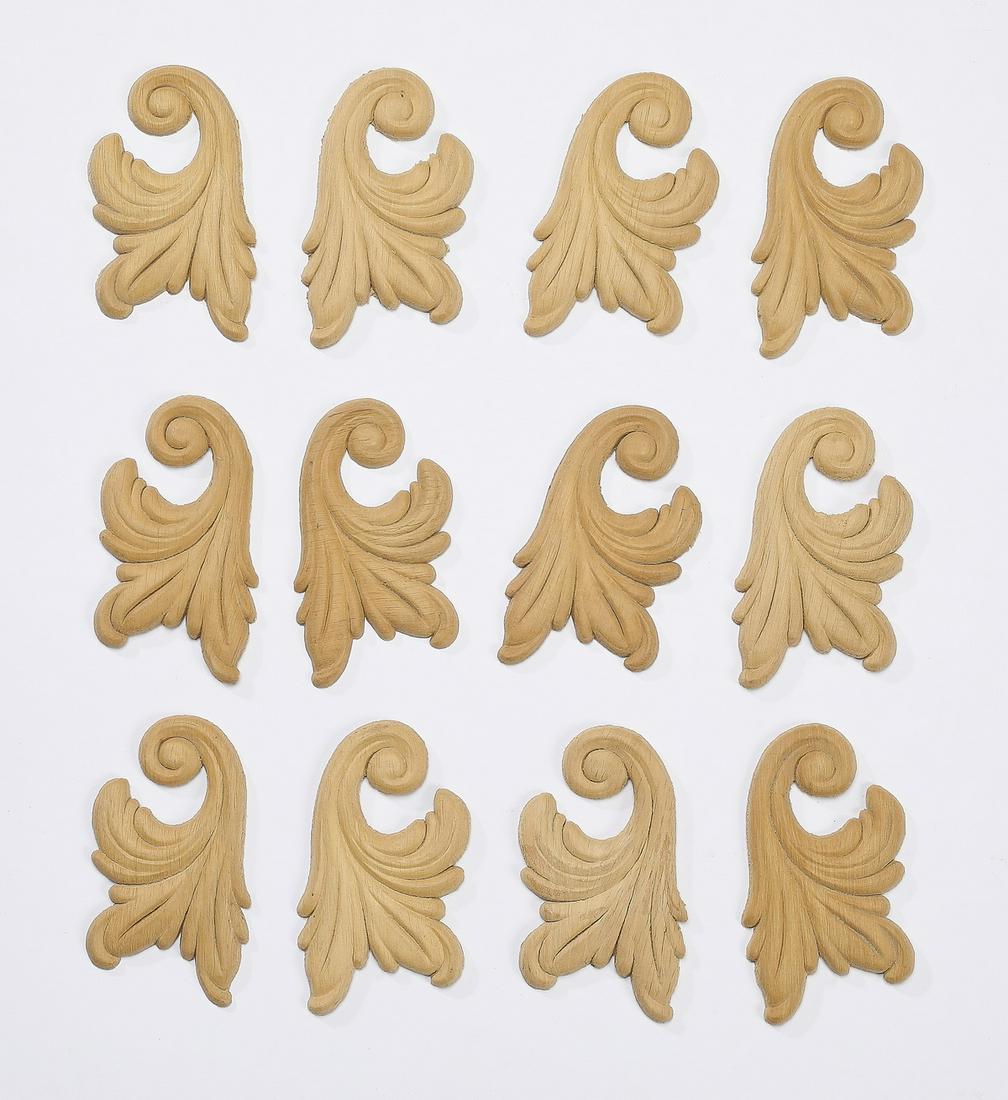 (12) Italian carved wood scrollwork appliques, 3.5"h: Group of (12) Italian carved wood appliques, each of scrollwork form, ready for your own stained or painted finsih, 3.5"h x 2"w x 0.25"d.