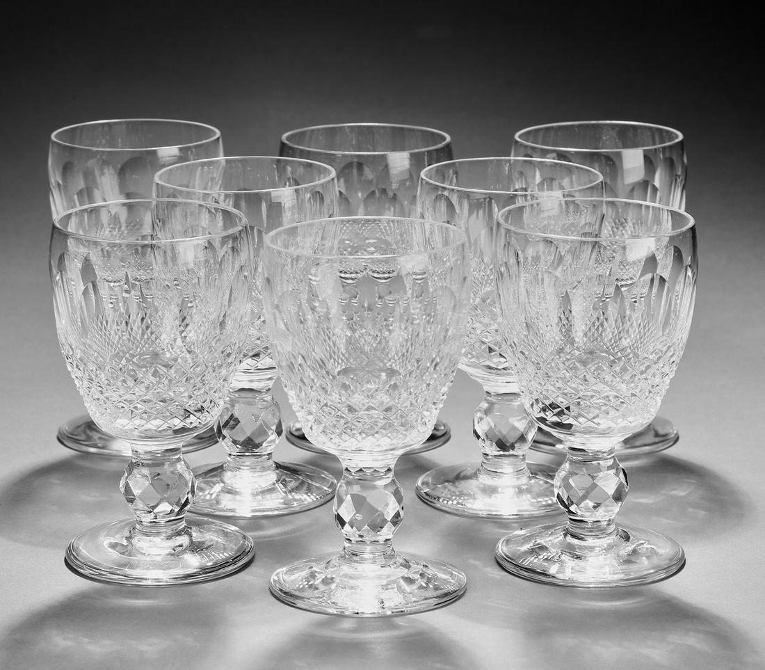 (8) Waterford Colleen pattern crystal sherry glasses: Set of eight Waterford crystal sherry glasses in the Colleen pattern, having thumbprint and cross hatch cuts, maker marked, 3.75"h x 2.5"dia.