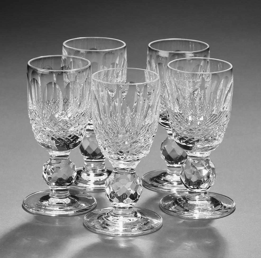 (5) Waterford Colleen pattern crystal cordial glasses: Set of five Waterford crystal cordial glasses in the Colleen pattern, having thumbprint and cross hatch cuts, 3.25"h x 1.5"dia; maker marked.