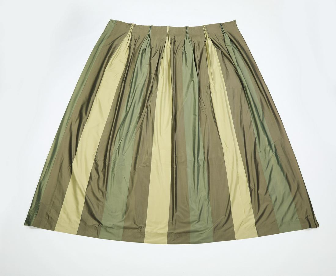 Pair of custom Jim Thompson silk stripe draperies: Pair of custom Jim Thompson silk draperies, executed in leaf green, olive, and muted gold wide stripes with pinch pleats at top, lined and interlined, both panels 65"w at top and 112"l.