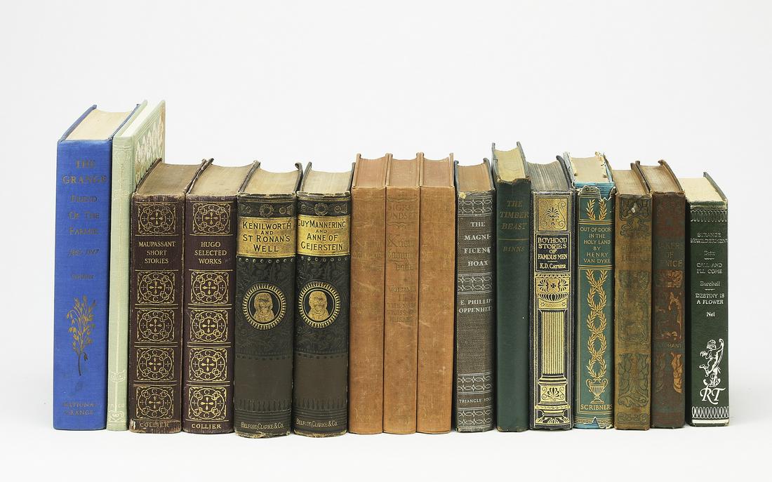 (16) 19th and 20th c. books with decorative spines: Group of (16) 19th and 20th century books, each having a decorative spine, on various topics, smallest measuring 7.75"h x 5"w, largest measuring 9.25"h x 6.5"w.