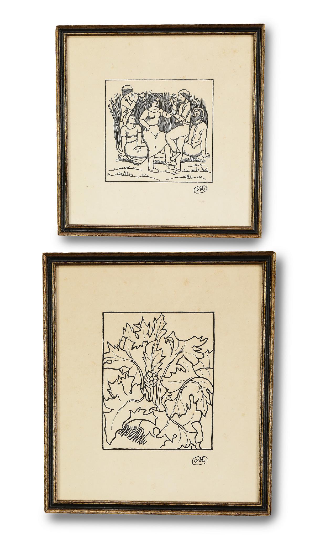 (2) Aristide Maillol woodcuts on handmade paper: Two Aristide Maillol (France, 1861-1944), woodcuts in black on handmade paper, comprising (1) depicting a cluster of leaves, 9.25"h x 8"w, overall size with frame 10.25"h x 9"w x .5"d, and (1) depicti