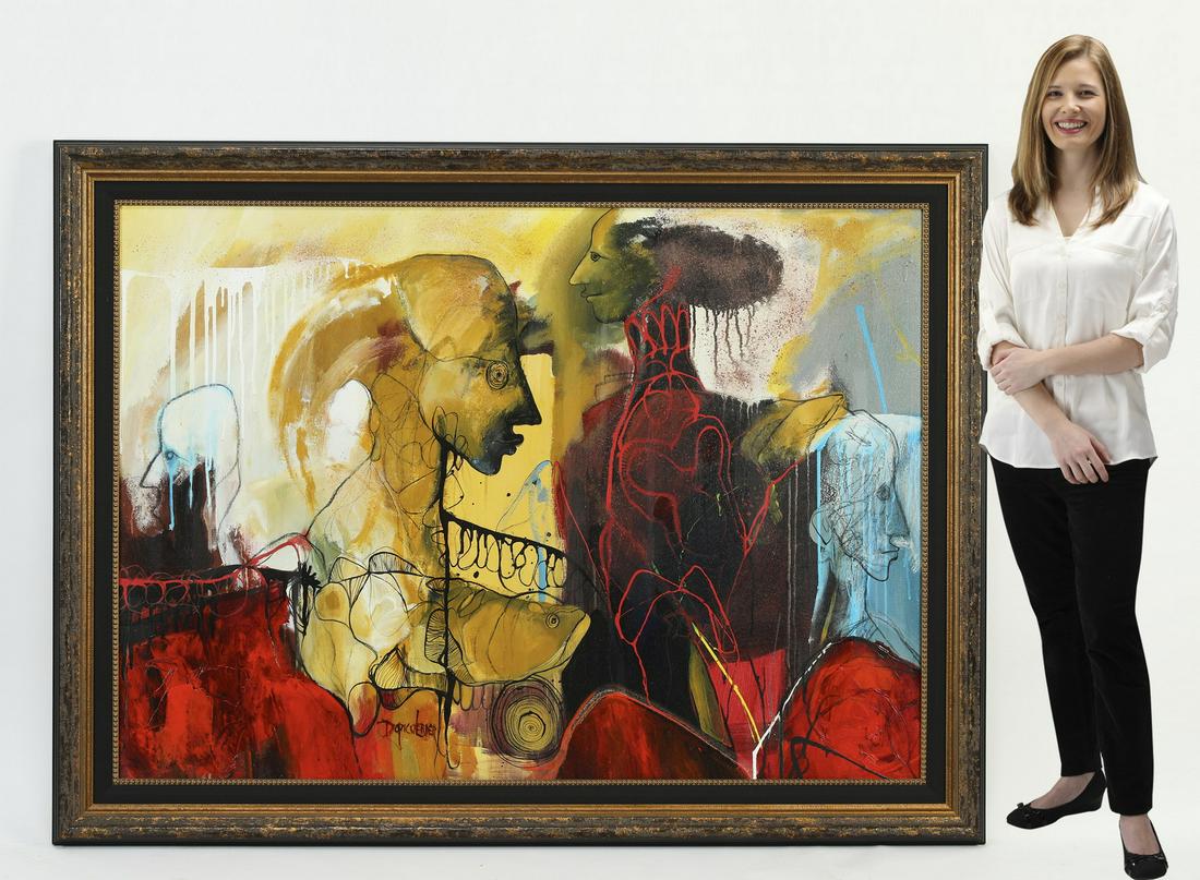 Signed Vicente Dopico-Lerner mixed media abstract: Signed Vicente Dopico-Lerner (Cuban, 1943-2020) executed in mixed media on canvas, depicting abstracted figures in side profile in hues of red, yellow, and blue, signed lower center, 34.75"h x 48.75"w