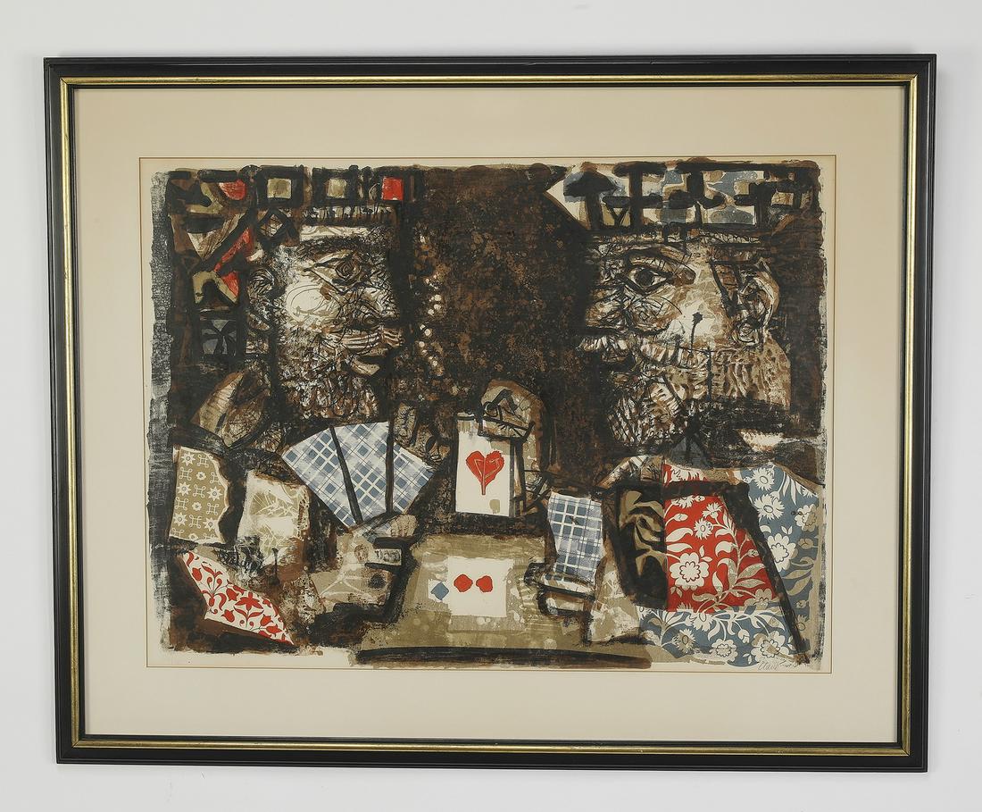 Antoni Clave signed lithograph 'The Game of Cards': Antoni Clave (Spanish 1913-2005), lithograph, 1956, 'The Game of Cards,' depicting two kings playing cards, one holding a heart, signed and numbered, 21"h x 28.5"w; overall with frame 29.75"h x 36.5"w