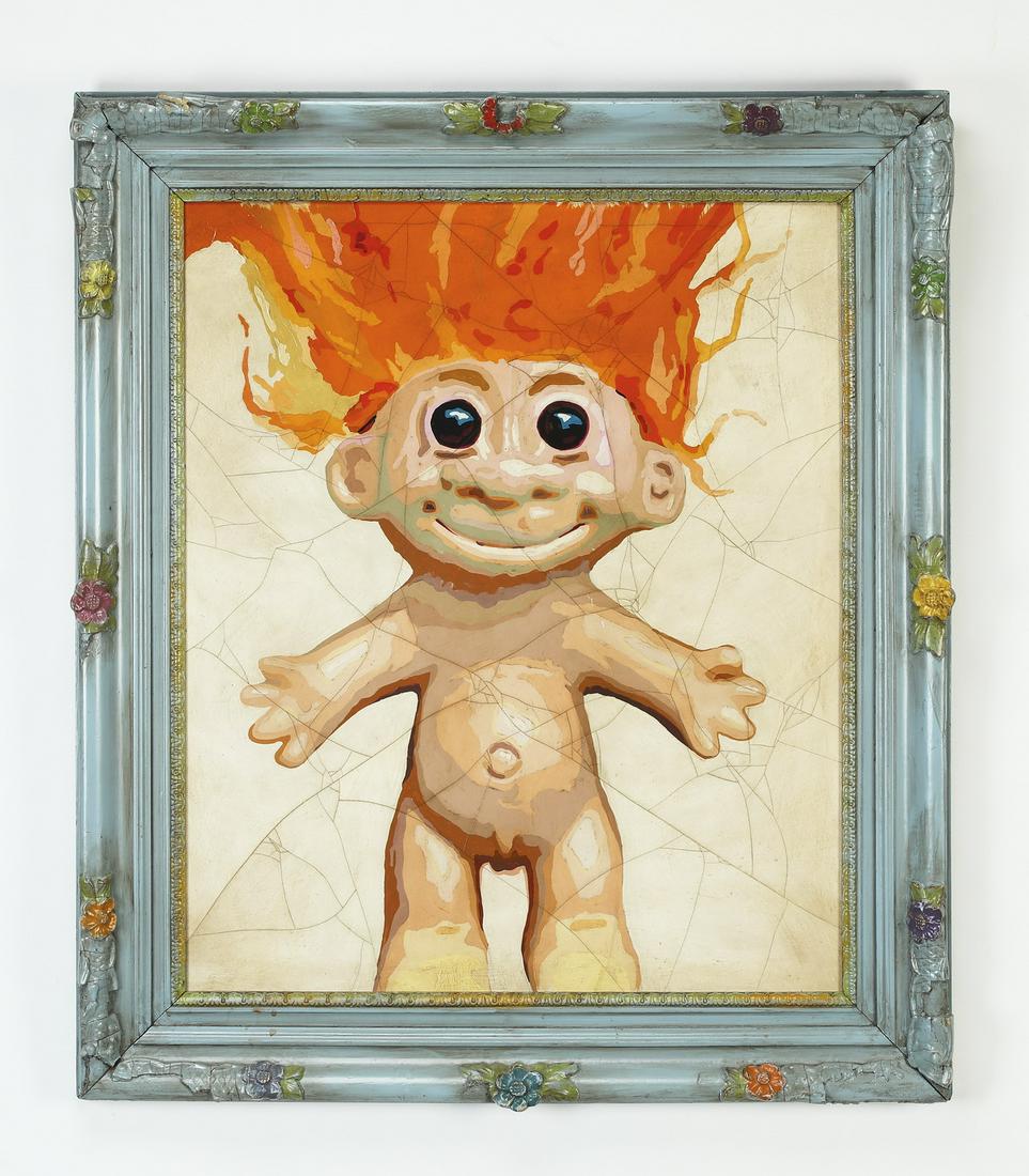 20th c. American Pop Art portrait of a Troll doll: American Pop Art acrylic on board, late 20th century, depicting a nude Troll doll with orange hair, having no visible signature, 29.25"h x 24.25"w, overall dimensions with frame 38"h x 32"w x 2.5"d.