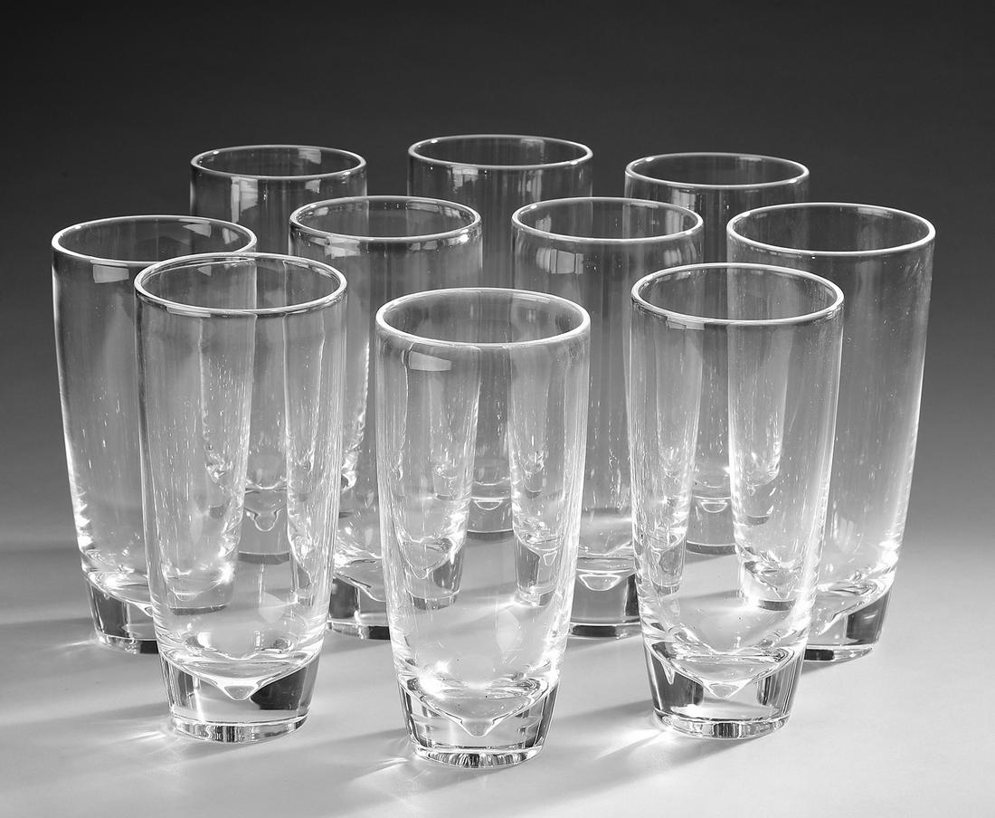 (10) Steuben 'Dimpled' crystal tumblers #7940: Set of ten Steuben 'Dimpled' crystal tumblers #7940, designed by George Thompson circa 1943, executed in clear crystal, maker marked, 6.25"h x 3"dia.