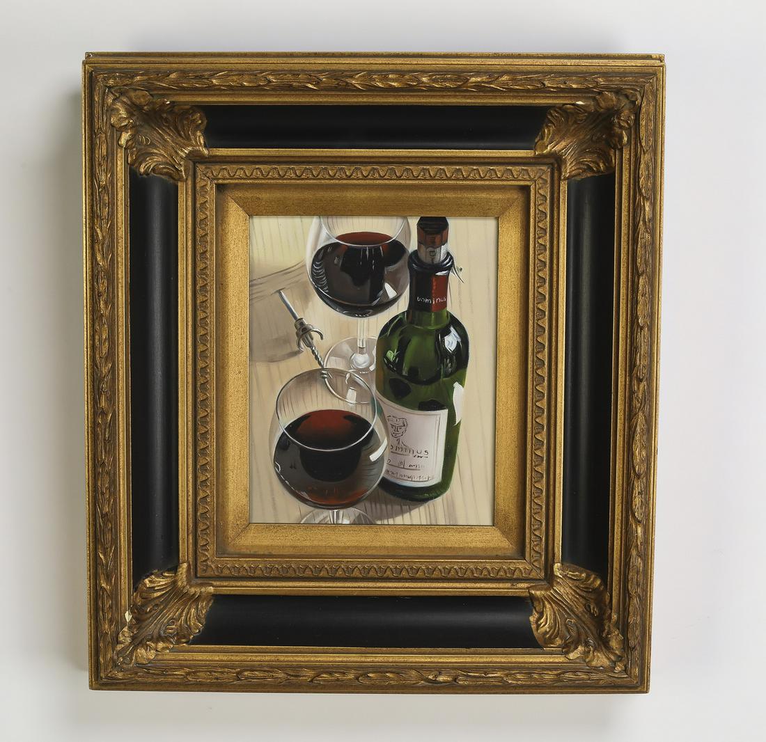 Contemporary realist oil on canvas wine still life: Contemporary realist oil on canvas still life, depicting a vintage California red wine bottle with two full glasses and a corkscrew, in a carved and gilt-decorated wood frame, 9.5"h x 7.5"w; overall s