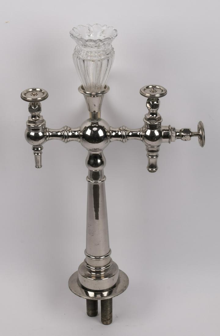 19th c. Continental chrome and glass beer tower, 24"h: 19th century Continental chrome and glass beer tower, likely French, having a pressed glass trumpet form vase above a bar holding two taps, the whole rising on a baluster form standard, 20.5"h x 12.5"