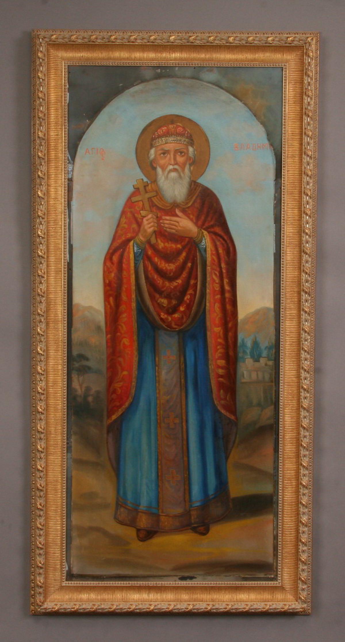 Oversized early 20th c. O/c icon, St. Vladimir, 68"h: "St. Vladimir", early 20th century oil on canvas Greek Orthodox icon mounted on a metal panel, de-accessioned from The Protection of the Virgin Mary Orthodox Church in Gary, Indiana, overall size 68"h