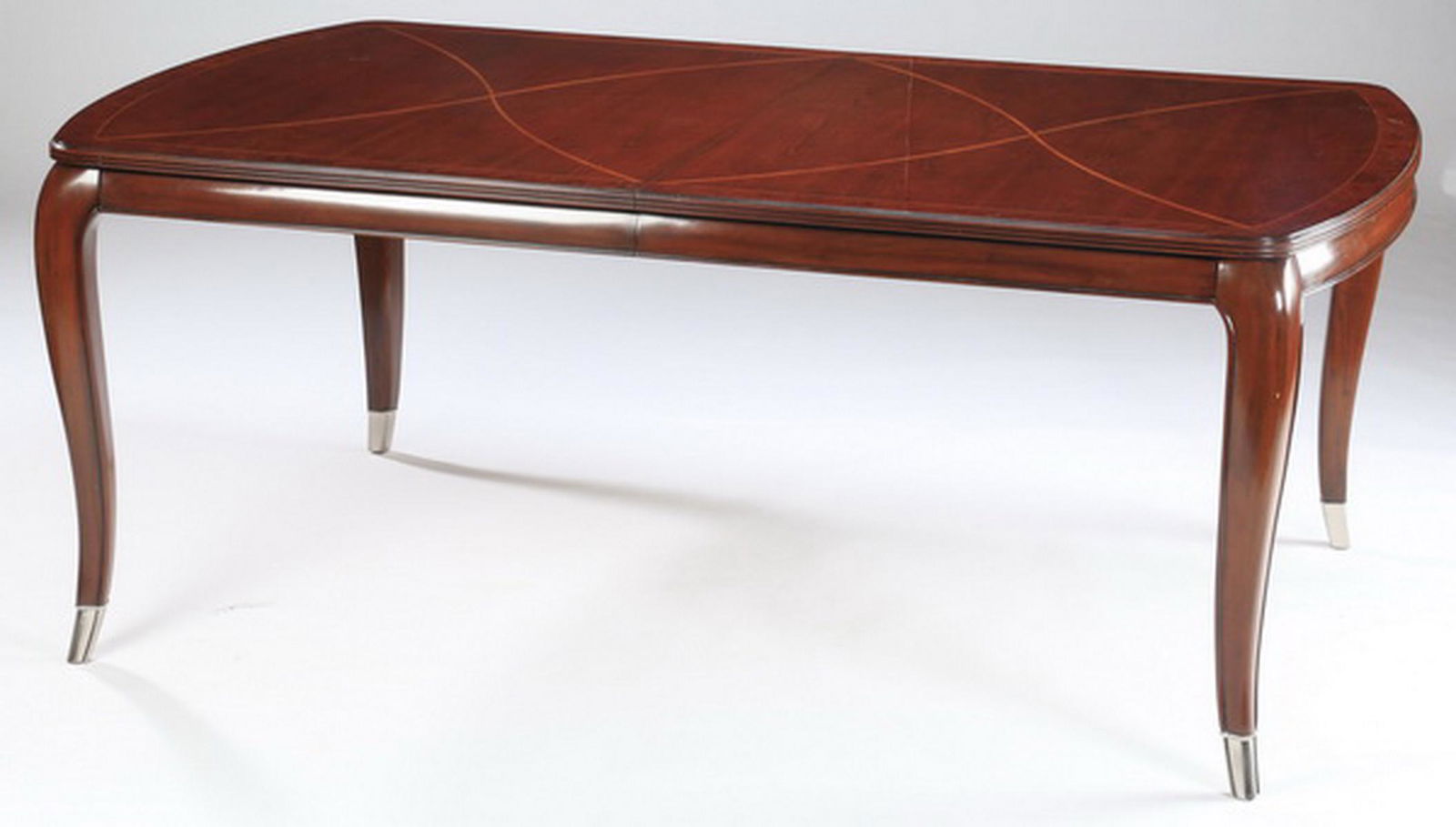 Thomasville Art Deco style dining table w/ two leaves: Art Deco inspired burlwood dining table by Thomasville, the shaped top with cross banded inlay rising on four legs terminating in silver feet, with two extension leaves, 30.25"h x 75.75"l x 43.75"w, e