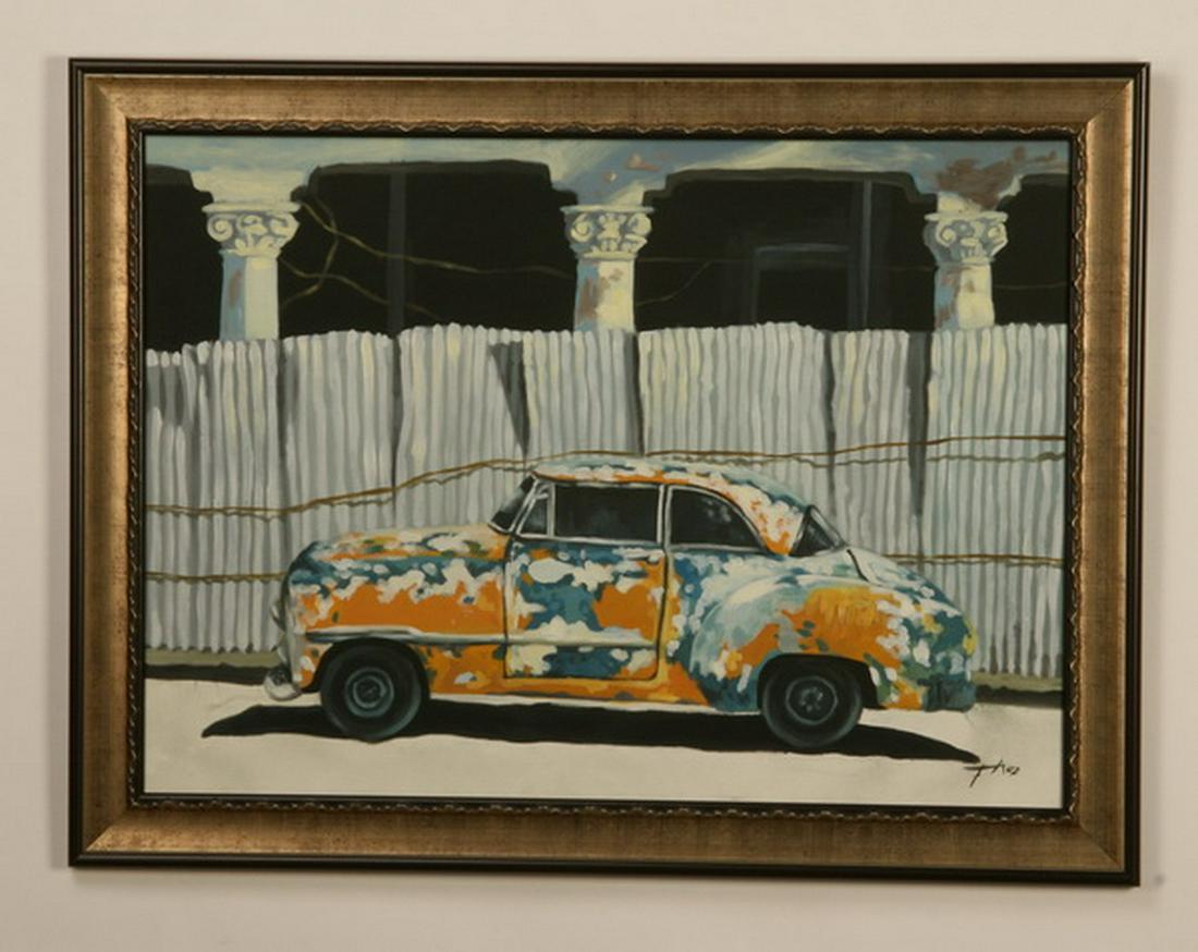 Fabian Barrero (Cuban) signed O/c streetscape: Late 20th century oil on canvas of an American 1940's automobile in a Havana, Cuba streetscape by Cuban neo Modernist Fabian Martinez Barrero, artist signed, 28"h x 36"w, overall size including frame 