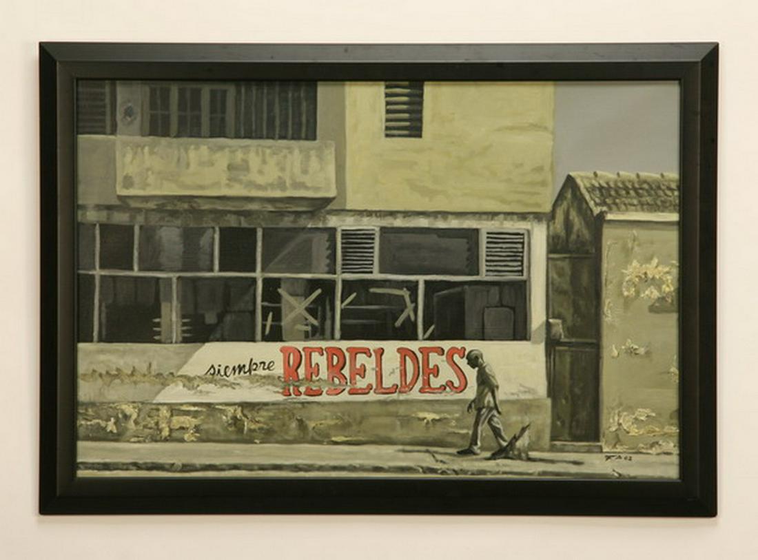Fabian Barrero (Cuban) signed O/c streetscape: Late 20th century oil on canvas "Siempre Rebeldes" (Rebels Forever), a counter revolutionary slogan of the anti-Castro youth in Havana, Cuba, by Cuban neo-Modernist Fabian Martinez Barrero, artist sig