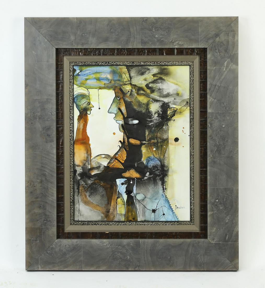 Signed Vicente Dopico-Lerner W/c abstract portrait: Signed Vicente Dopico-Lerner (Cuban, 1943-2020) portrait, executed in watercolor on paper, depicting abstracted figures in side profile in hues of blue, yellow, and orange, signed lower right, sight o