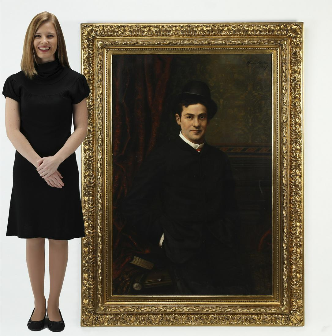 Signed Hans Holm O/c portrait of a gentleman, ca 1884: Signed Hans Holm (Danish, 1866-1920) portrait, 1884, executed in oil on canvas, depicting a dignified young man in period dress and hat, signed and dated upper right, 47"h x 30.75"w, overall dimension