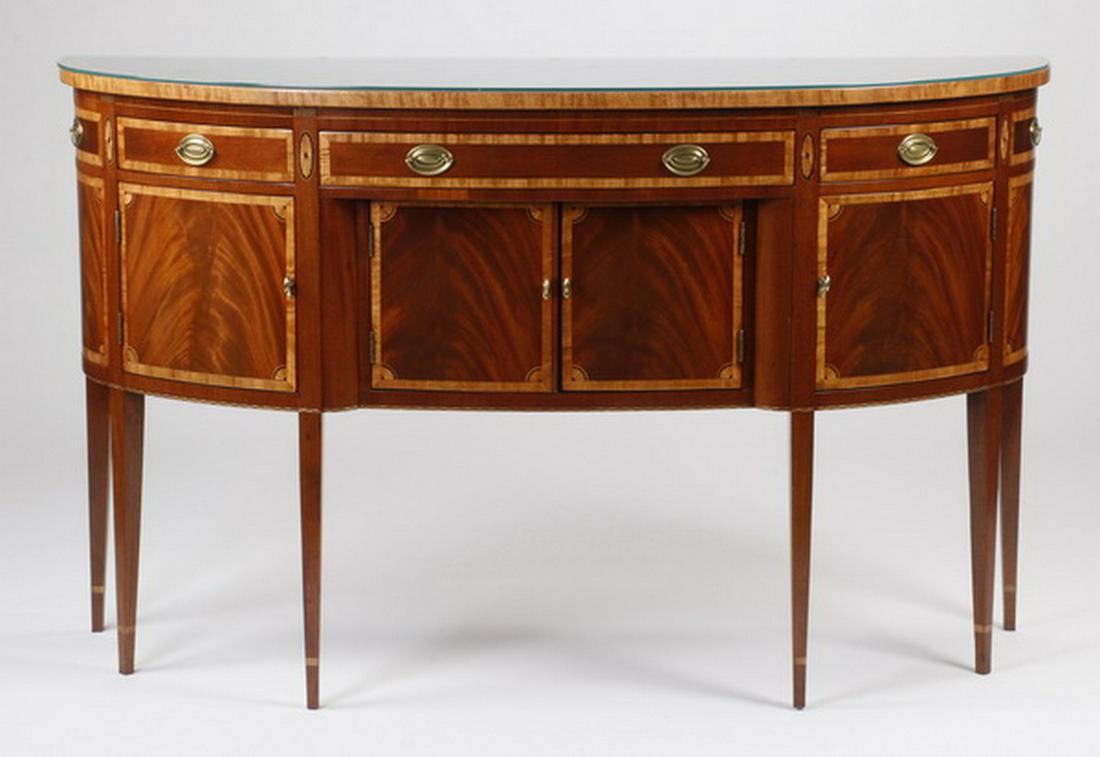 Hickory Furniture inlaid demilune buffet: American Masterpiece Collection by Hickory Furniture marquetry inlaid demilune buffet, the satinwood banded top surmounting a central long drawer flanked by two short drawers, further flanked by two f
