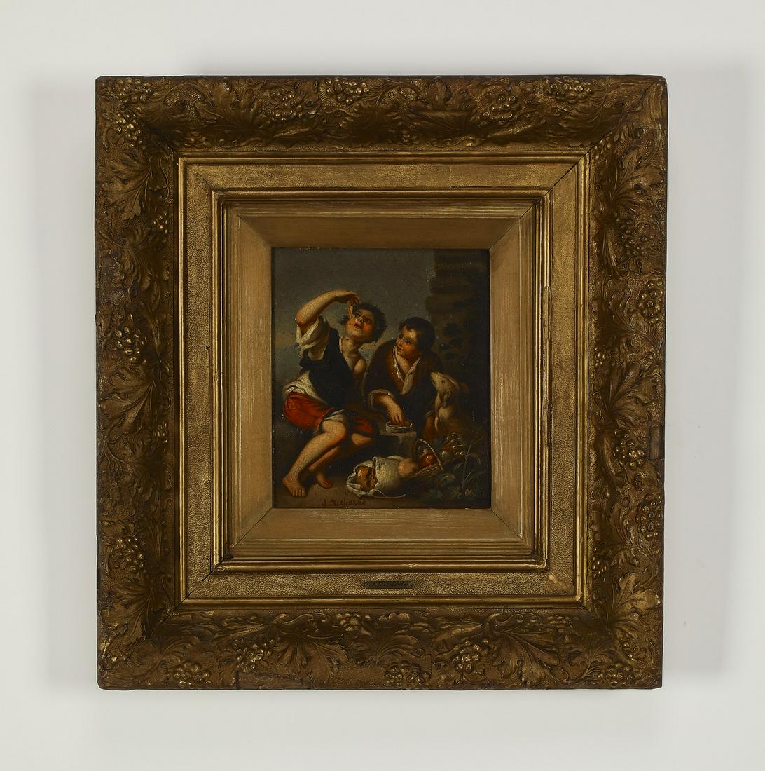 After Murillo, Boys Eating Grapes and Mellon O/copper: After Bartolome Esteban Murillo (Spanish, 1617-1682) 'Boys Eating Grapes and Mellon,' 19th century oil on copper, depicting two feasting children together with a dog, signed 'J. Richardo' lower left,