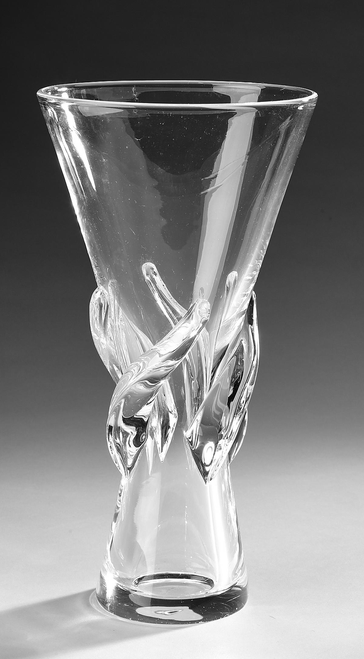 Steuben crystal 'Rose' vase #8090: Steuben crystal 'Rose' vase #8090, designed by George Thompson in 1959, executed in clear crystal, of waisted trumpet form, with twisted glass accents at the waist, the whole tapering to a circular fo