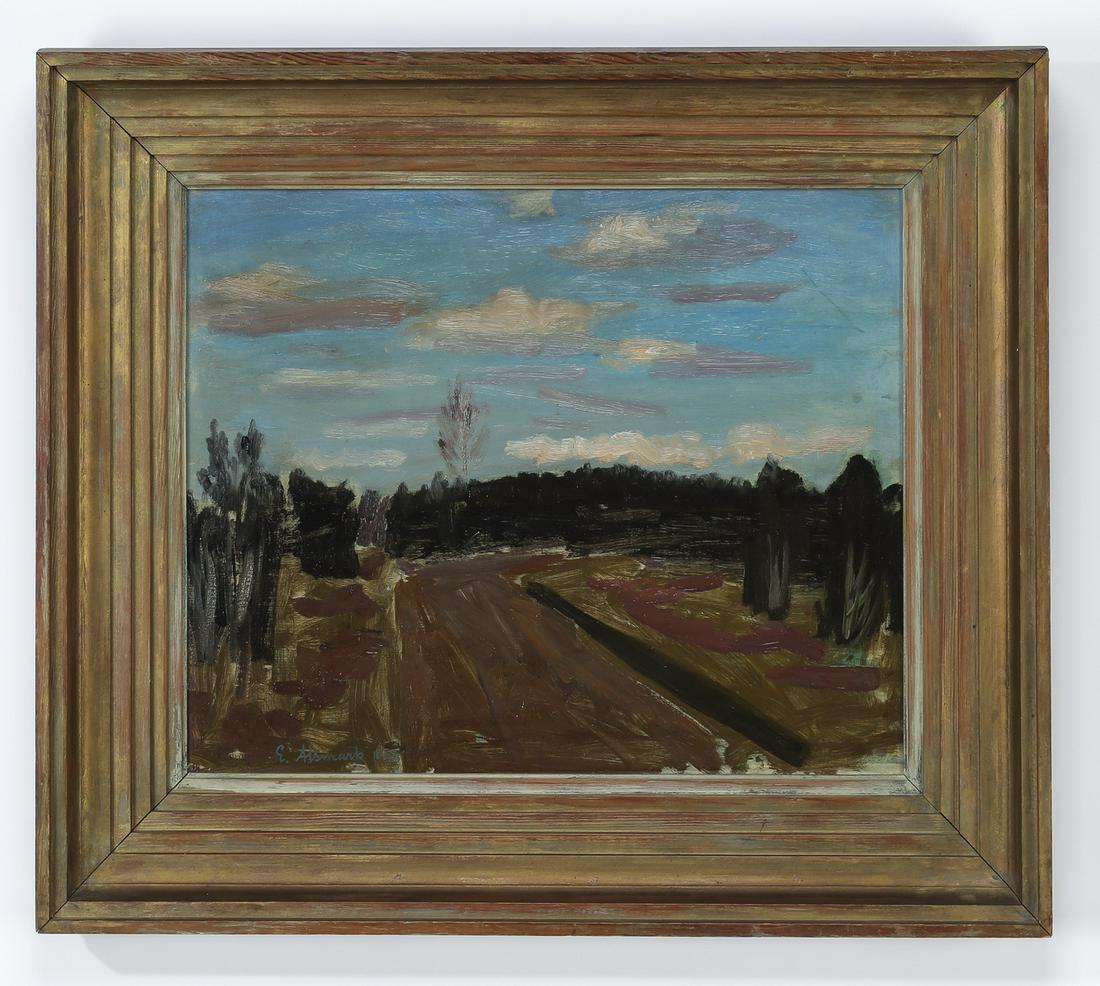 Eric Alsmark (Swedish) signed O/masonite landscape: Eric Per Gustav Alsmark (Swedish, 1911-1950), oil on masonite depicting a barren country road, artist signed and dated 'E. Alsmark 1945' at lower left, 15"h x 19"w, overall dimensions including frame