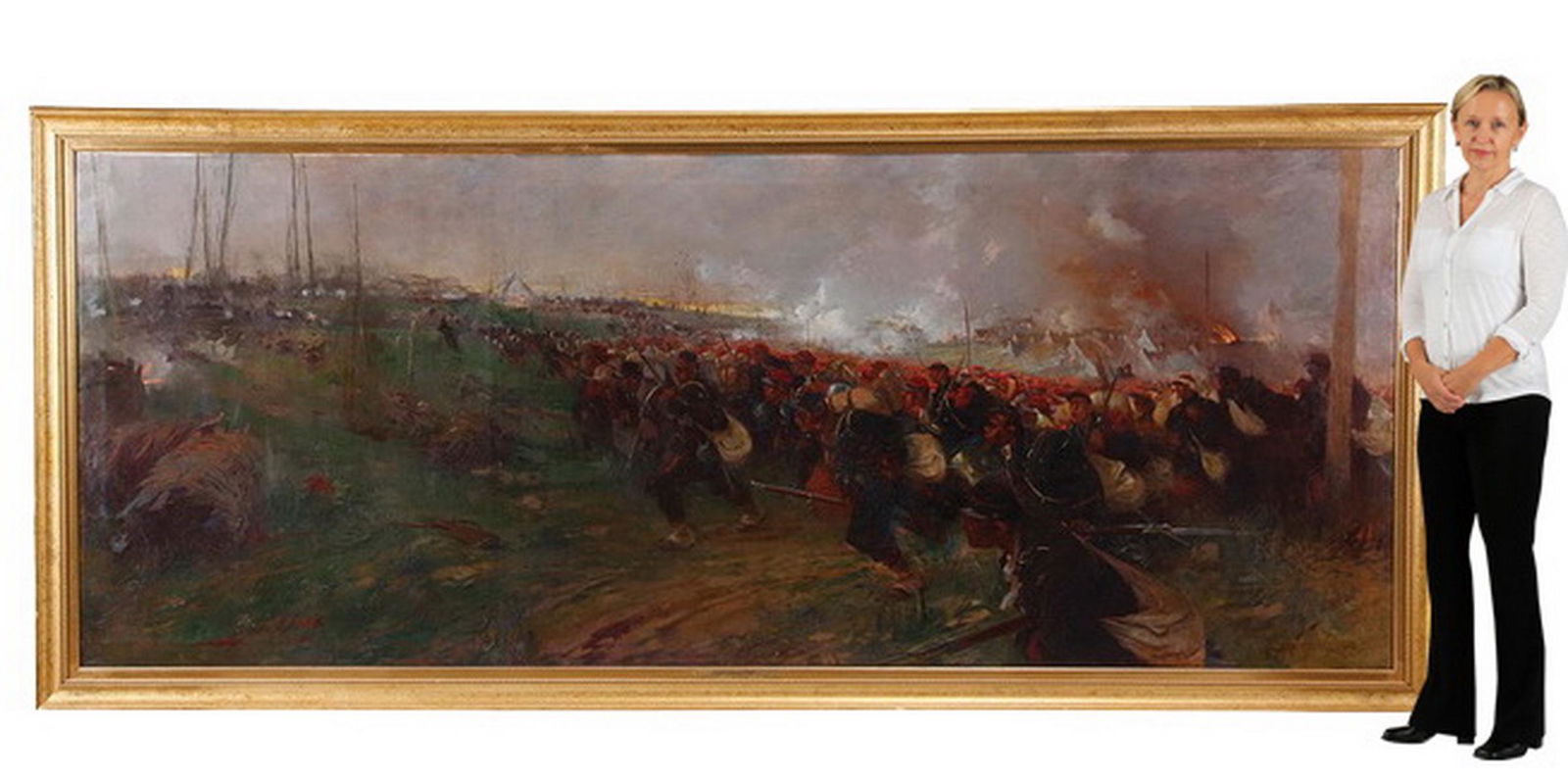 Monumental O/c battle scene, signed Edouard Detaille: Edouard Jean Detaille (French, 1848-1912), monumental oil on canvas depicting a battle scene of the French military engaged on the field, artist signed 'Edouard Detaille' at lower right, overall dimen