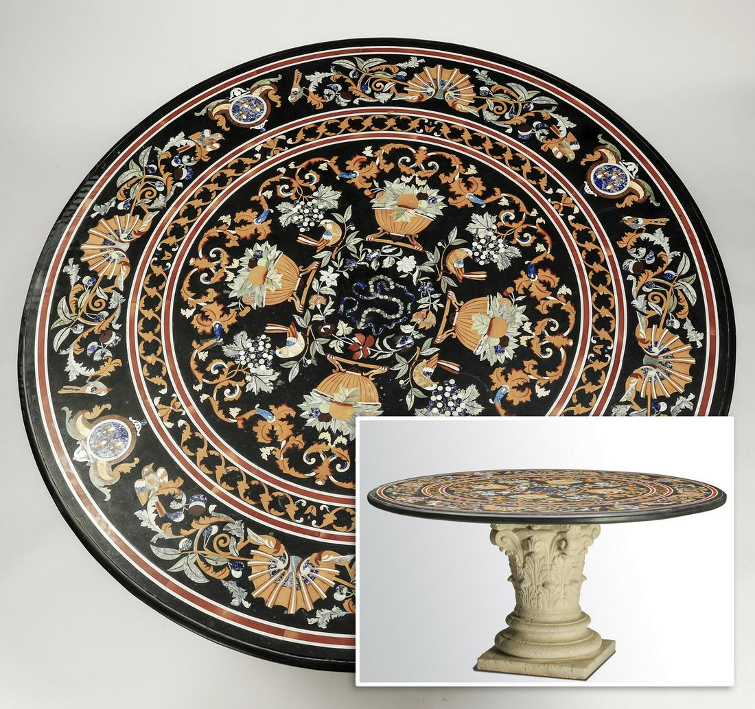 Pietra dura inlaid table with carved base, 60" diam: Pietra dura table top inlaid with exotic marbles and semi-precious stones, having a central roundel featuring fruit filled urns joined by scrolling acanthus leaves interspersed with birds, a wide band