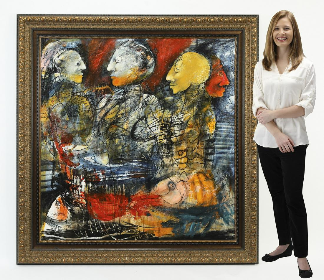 Signed Vicente Dopico-Lerner A/c, 'Gitarios De Mar': Signed Vicente Dopico-Lerner (Cuban, 1943-2020) titled ‘Gitarios De Mar,’ executed in acrylic on canvas, depicting abstracted figures in side profile among fish, in hues of blue, red, and orange, 