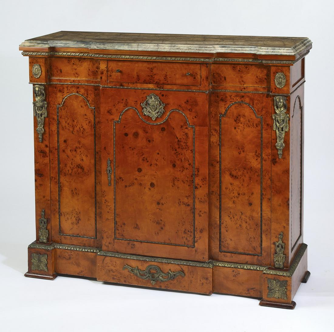 Continental Empire style bronze mounted burl cabinet: Continental Empire style bronze mounted burl cabinet, having a stone surface rising on a single drawer above a cabinet door opening to two shelves, flanked by recessed panels, rosette medallions and t