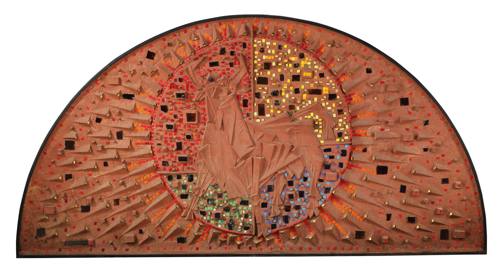 Cantini signed art glass window titled 'Bull' c. 1965: Mid 20th century American terracotta-style arched art glass window titled "Bull" with embedded glass and ceramic tile by noted Pittsburgh, Pennsylvania artist Professor Virgil Cantini (Italian, 1919-2