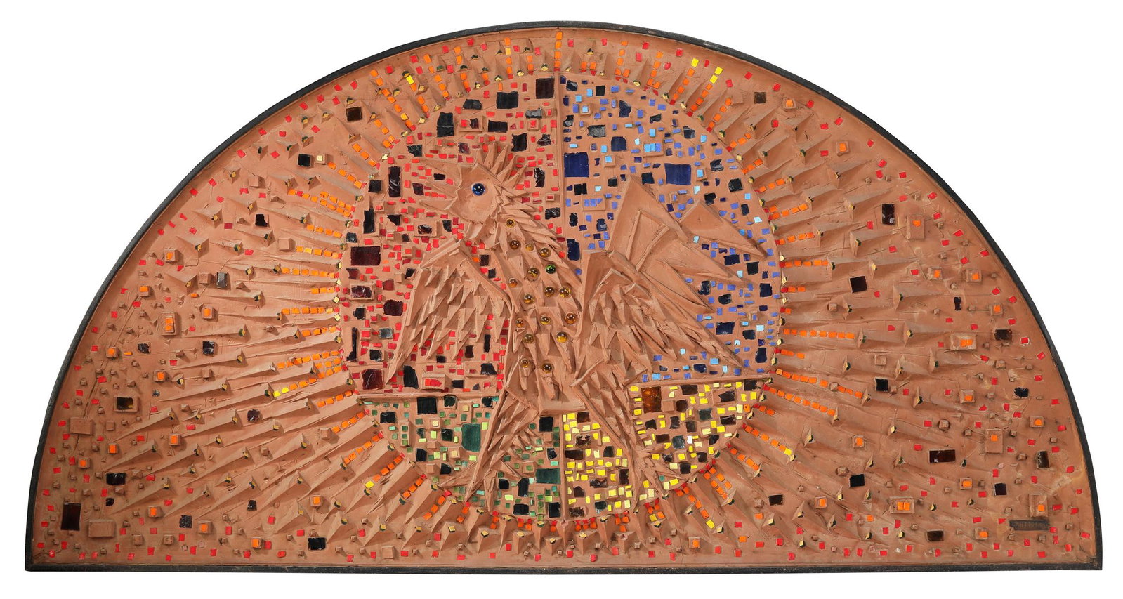 Cantini signed art glass window titled 'Cock' c. 1965: Mid 20th century American terracotta-style arched art glass window titled "Cock" with embedded glass and ceramic tile by noted Pittsburgh, Pennsylvania artist Professor Virgil Cantini (Italian, 1919-2