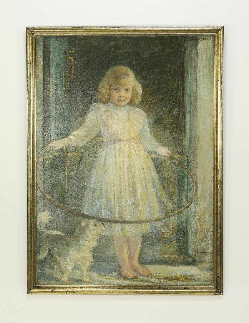 Signed William Closson O/b portrait 'Playmates,' 51"h: Signed William Closson (American, 1848-1926) 'Playmates,' executed in oil on board, depicting a young girl standing in a doorway holding a hoop, with a white terrier at her feet, signed 'W. B. Closson