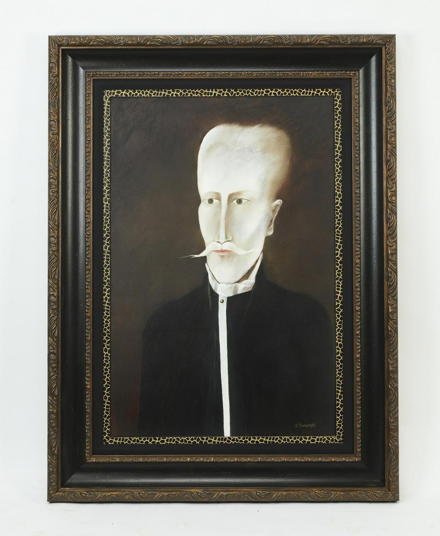 Signed 20th c. oil on canvas portrait of a gentleman: Signed oil on canvas portrait of a gentleman, 20th century, in the contemporary surrealist taste, depicting a very fair man with white hair in a black suit against a dark ground, signed ‘A. Domanski